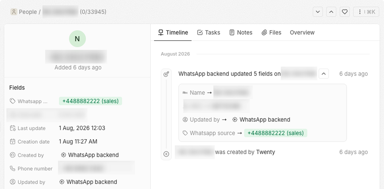 A Twenty CRM contact record created by the WhatsApp integration, with the WhatsApp number, lead source and an activity timeline of the fields WhatsApp updated.