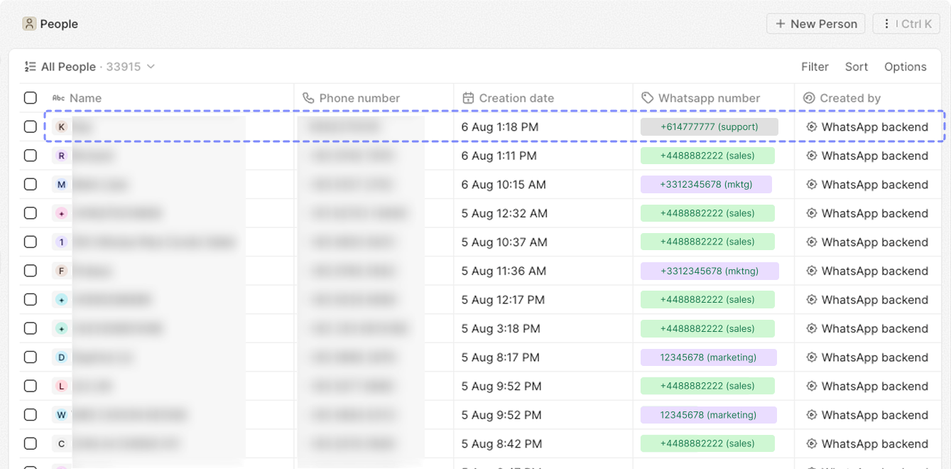 The People list in Twenty CRM showing leads captured from several WhatsApp Business numbers, each tagged with its own WhatsApp number and created by the WhatsApp backend.